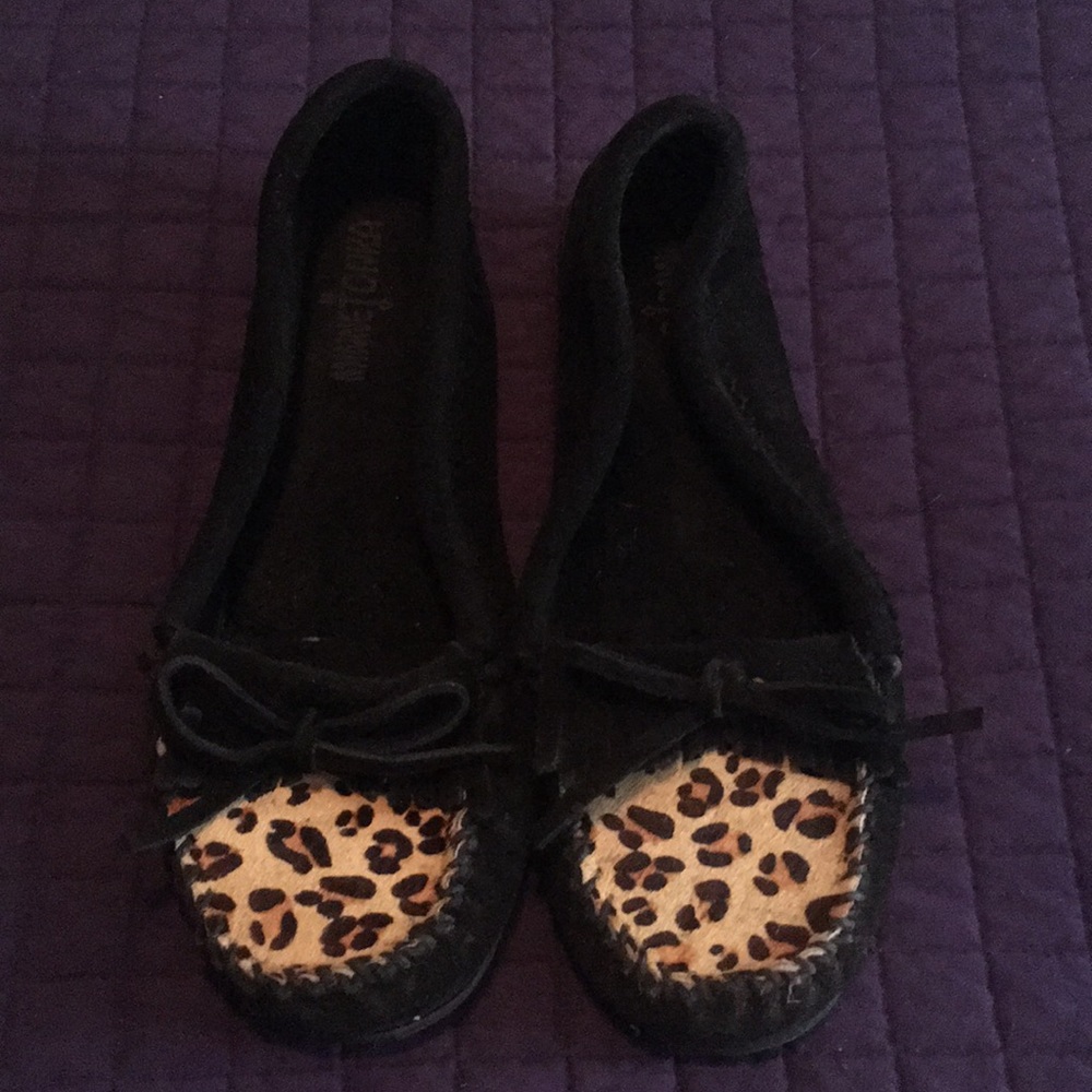 Black and Leopard Minnetonka moccasins